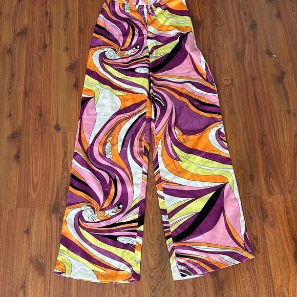 Princess Polly Pucci print style wide leg satin pants size 0 60s 70s style - Picture 1 of 4